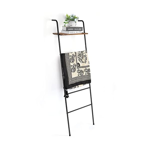 Blanket Ladder Wall Leaning Blanket Rack Farmhouse 5-Tier Metal Blanket Holder with Shelf Bath Towel Storage for Bathroom Quilt Bedroom Living Room Pool Black