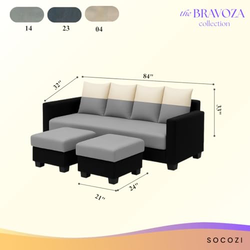 Image of SOCOZI Konva 6 Seater L Shape Sofa Set with 2 Movable Ottomans | Flexible Layout | Soft Velvet Suede Fabric | Modern Design | Plush Comfort Cushions for Living Room (Light Grey-Cream-Black)