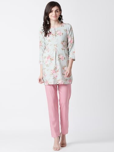 Image of Tissu Women's Sage Green & Pink Floral Printed Kurti