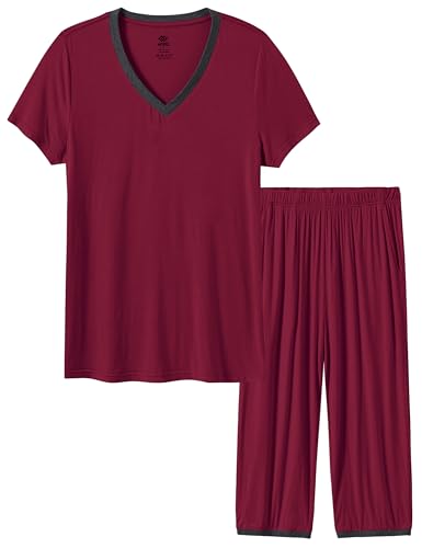 Image of JINSHI Women's Pajamas Set Short Sleeve Top and Capri Pants Lightweight Sleepwear Comfy Pjs Lounge Set with Pockets