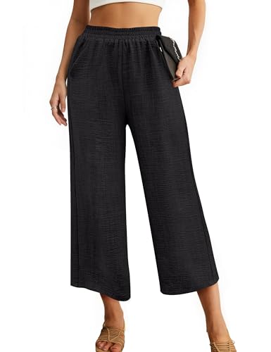 Womens Wide Leg Capri Pants Summer Palazzo Dressy Casual Pant Beach Loose High Waist Lounge Trouser with Pockets