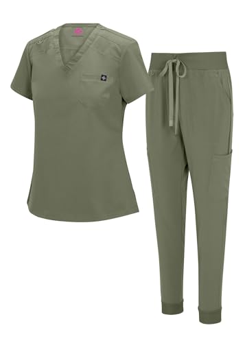 Natural Uniforms Womens Cool Stretch Modern Tuck-In Top Yoga Jogger Scrub Set (Olive, Medium)