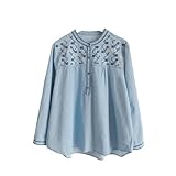 Maiitmor レディース ロングシャツ 花柄 シャツ ブラウス 長袖シャツ 刺繍シャツ 大きいサイズ チュニック デニムシャツ 刺繍 総丈：68cmバスト：128cm肩幅：43cm袖丈：53cm ライトブルー