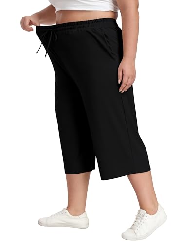 Cheapestbuy Women's Plus Size Capris Wide Leg Crop Casual Pants Comfy Summer Pants with Pockets Drawstring4