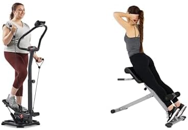 Sunny Health & Fitness Smart 2-in-1 Power Stepper with Resistant Bands & Handlebar + Sunny Health and Fitness 45 Degree Hyperextension Roman Chair, Steel, Grey, One Size