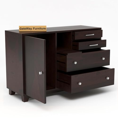 Image of GateWay Furniture Sheesham Wooden Chest of Drawers Wooden Sideboard Storage Cabinet for Living Room - 1 Door & 4 Drawers | Buffet Cabinet Kitchen Storage Chest of Drawer for Bedroom (Nathan Walnut1)