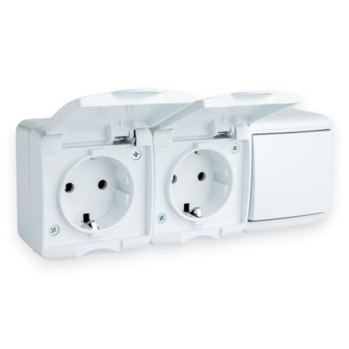 Enchufe de 2 enchufes con tapa abatible e interruptor de luz, IP44, 230 V, 16 A, interruptor basculante horizontal, a prueba de polvo, para ambientes húmedos, color blanco