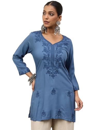 Image of Amazon Brand - Tavasya Women Embroidered Thread Work Shorts Kurti Top Tunic