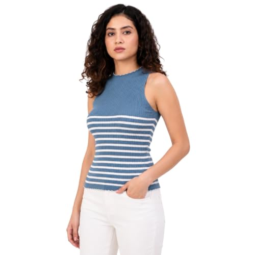 Image of Kalt Womens Knitted, Ribbed Cotton Fitted Sleeveless Round Neck Cami Tank Top
