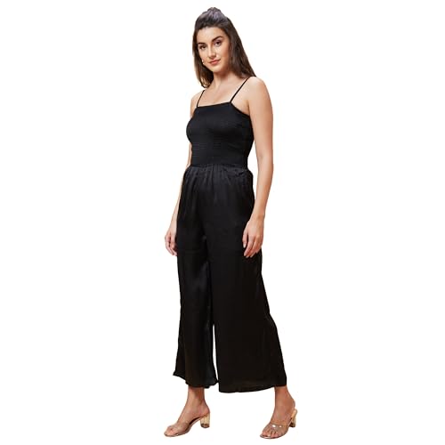 Image of Globus Women Blue Solid Smocked Strappy Party Jumpsuit-3639654001