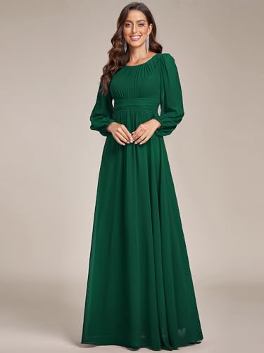 Image of Ever-Pretty Women's Crewneck Long Lantern Sleeves Floor Length A-Line Pleated Chiffon Formal Dress 0106B