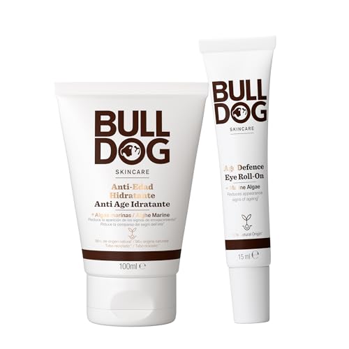 Bulldog Pack Duo Cuidado Facial Anti-Edad: Crema Hidratante 100 ml + Roll On Contorno de Ojos 15 ml - Ingredientes Naturales, Sin Parabenos, Efecto Antiaging para Hombres con Piel Madura