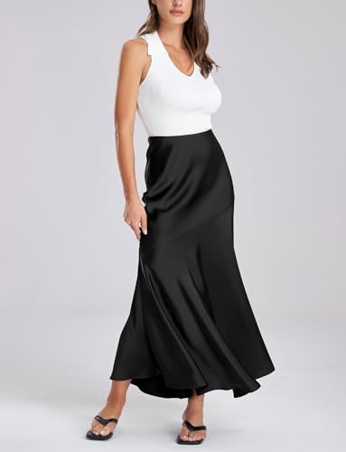 FEOYA Silk Skirts for Women Satin A Line Midi Skirt Elastic Waistband Flared Flowy Mermaid Hem Wedding Elegant Solid Skirt3