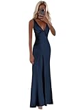 FUMY Womens Halter Silk Satin Long Mermaid Prom Dresses with Bow Backless Spaghetti Straps Pleated Formal Party Gowns Navy Blue 6