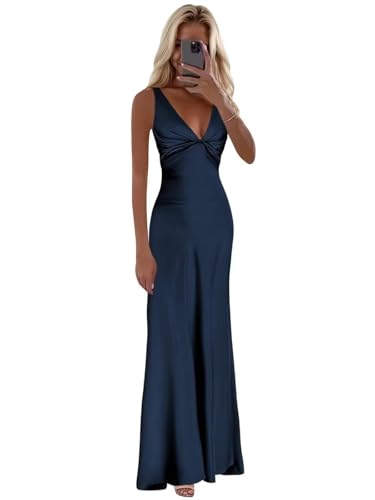 FUMY Womens Halter Silk Satin Long Mermaid Prom Dresses with Bow Backless Spaghetti Straps Pleated Formal Party Gowns Navy Blue 6