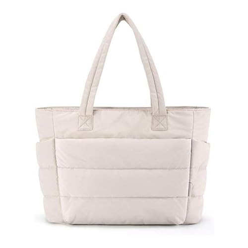 Image of Quilted Puffy Tote Bag for Women | Large Capacity | Soft Nylon Padded Design | Lightweight & Spacious | Ideal for Work, Travel, Shopping (Biege)