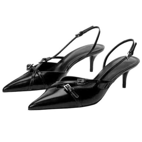 Yishaweiqi Slingback Kitten Heels for Women Buckle Strap Pointed Toe Dress Pumps Shoes Slip On Heeled Sandals