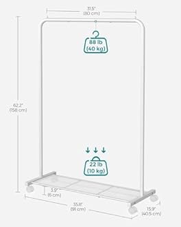 SONGMICS Clothes Rack on Wheels, Metal Clothing Rail for Bedroom, 91 cm Long Hanging Rail with Storage Shelf, 2 Lockable Wheels, Holds up to 40 kg, White