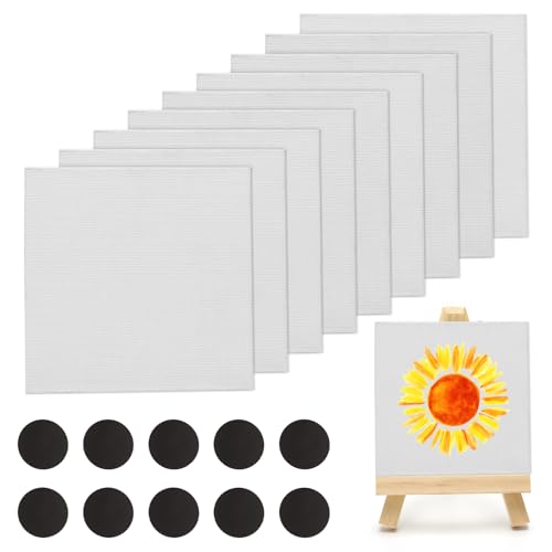 10 Stück kleine Leinwände zum Malen, 10x10cm blanko Leinwandplatten mit 1 Mini-Leinwand-Staffelei, kleine Leinwände für Acryl Öl Aquarell Tempera Kunstprojekte Kühlschrank schwarze Tafeln DIY