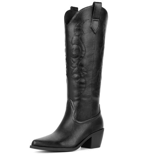 Platikly Black Cowboy Boots for Women - Embroidered Western Cowgirl Boots, Wide Calf Knee High Tall Footwear, Almond Pointed Toe Chunky Heel Pull On Zipper Classic Retro Country Style US 8