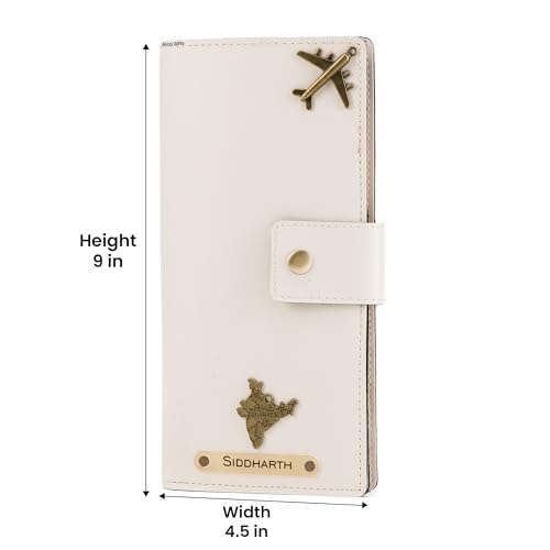 Image of AICA Personalized Name & Charm Long Leather Passport Cover with (Cream) Passport Boarding Pass Currency Card Slot & Coin Holder for Men & Women| Corporate Gift Employee Colleagues | Travel Wallet