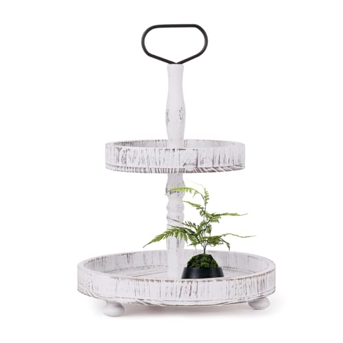 スポーティーな木製2段スタンド ? 白い素朴なラウンドファームハウストレー、ハンドル付き、フルーツやデザート用の取り外し可能なサービングディスプレイ