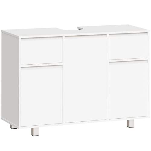 BEWISHOME Waschbeckenunterschrank, Badezimmerschrank mit 2 Schubladen 3 Schrankfächern,Viel Stauraum, Unterschrank Waschbecken mit Füßen, Maße 90 x 30 x 62.5 cm, Weiß