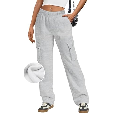 IVIR Sweatpants Women Cargo Pants Wide Leg Baggy Sweatpants Y2K Fleece Lined High Waisted Pants Grey M Cover