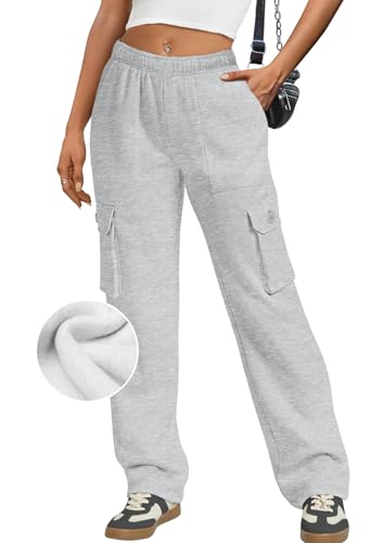 IVIR Womens Cargo Sweatpants Fleece Lined Wide Leg High Waisted Pants S-XXL