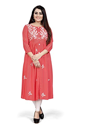 Image of Women's Rayon Flared Embroidery Kurti Under 599 Designer Attractive Look Women's Kurta