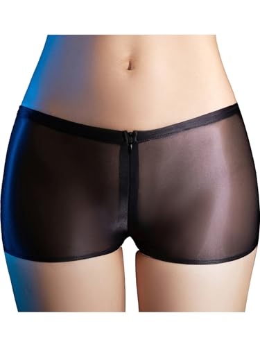 TSSOE Damen Sexy Skinny Kurze Hose Halb Transparent Shorts Glossy Leggings Stretch Low Waist Dessous Unterwäsche Party Clubwear Schwarz A Einheitsgröße