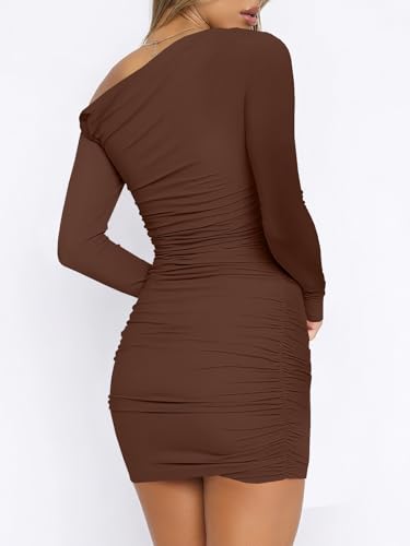 Women's Sexy Off Shoulder Long Sleeve Ruched Bodycon Elegant Cocktail Party Mini Dresses2