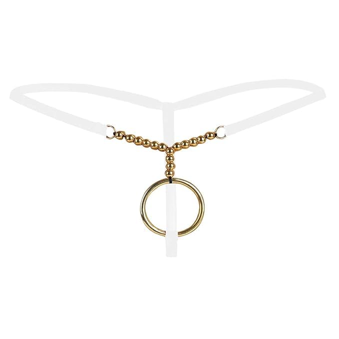 Mans Stylish Gold Ring Thong Underwear with Beaded Chain Detail, Black, Elastic Band-image-25