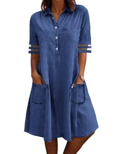 Image of utcoco Denim Dress for Women 2026 Casual Tulle Short Sleeve Button Jean Midi Dress with Pockets