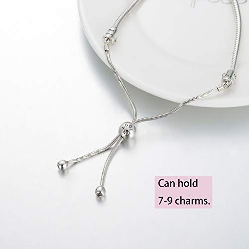 LONAGO Jewelry Moments Slider Snake Chain Charm Bracelet 925 Sterling Silver Sliding Clasp Adjustable Link Fit Snake Charm Bead Birthday Gift for Women Mom3