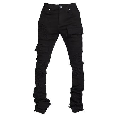 Stacked Jeans Slim Fit Ripped Jeans for Men Stretch Streetwear Pants Hip Hop Skinny Fit Destroyed Style
