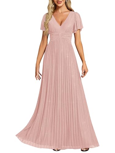 Image of Ever-Pretty Women's V-Neck Glitter Formal Dresses Pleated Short Sleeves Floor Length A-Line Mother of Bride Dress 11961