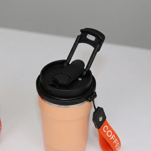 Image of Travel Coffee Tumbler with Lanyard - Insulated Stainless Steel Mug, Leak-Proof, Keeps Hot 6H & Cold 8H - Peach, 400 ML