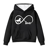 Generisch 2025 Mädchen Hoodies & Sweatshirts Winter Warmer Fleecepullover mit Tasche Niedlicher Pferdedruck Langarm Lässiges Kapuzenpullover für Kleinkinder (Black 13-14 Years)