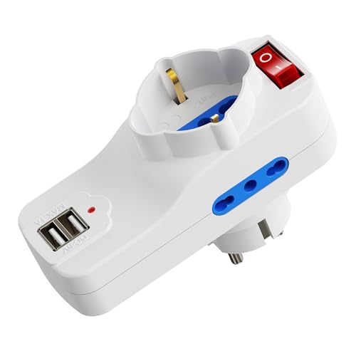 Ewent Ladron Enchufes con USB, 5 en 1 Ladrón Enchufes Multiples con 2 USB,1xSchuko y 2x10A/16A,1500W,Toma Schuko 16A,Interruptor On/Off,Regleta Pared para Hogar Oficina,Compatible con Móviles,Blanco