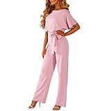 YILEEGOO Women's Casual Jumpsuits Solid Color Batwing Sleeve Playsuit Crewneck Loose Rompers Belted Wide Legs Overall S-3XL (Pink, M)