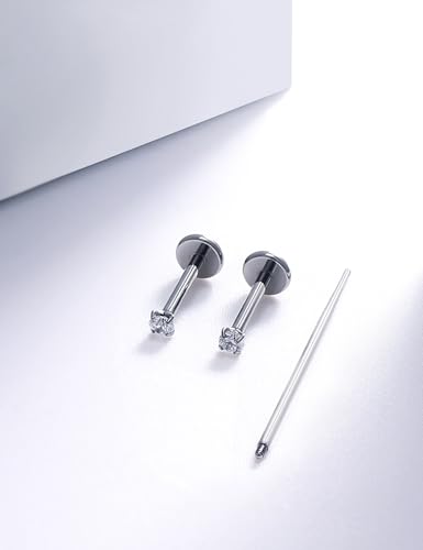 20G 18G 16G Internally Threaded Astm F136 Titanium Nose Ring Studs Flat Back Studs Earrings G23 Titanium Tragus Helix Conch Cartilage Earrings Piercing Jewelry For Women Men CZ 2mm 3mm 4mm3