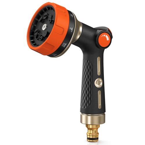 RAINPOINT Pistola Irrigazione Giardino in Metallo, 10 Modelli di Spruzzo, Controllo del Flusso a Pollice, Pistola Tubo Acqua Giardino Resistente per Annaffiatura e Pulizia, Arancione