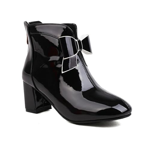 Bottines courtes pour femmes à talon épais 6cm et nœud papillon verni grande taille