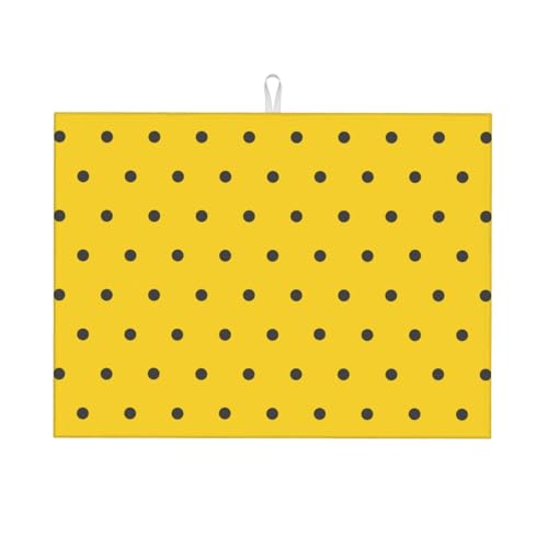 台所水切りマット黒の水玉模様、黄色の背景 速乾吸水マット 食器乾燥マット 丸めて収納 皿置き 速乾性 耐油性 抗菌 消臭 お手入れ簡単 大判 衛生 防カビ 丸めて収納 滑り止め 棚シート46*61cm