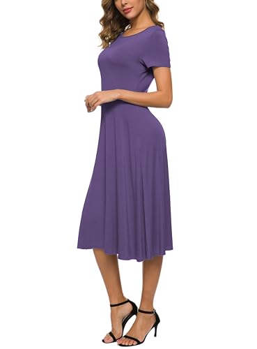 Image of EXCHIC Women's Casual Round Neck Short Sleeve Midi Dress Solid Stretchy Waist Knee Long Dress