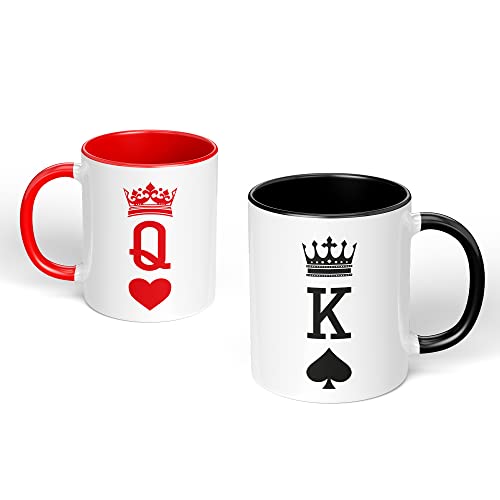 Print Maniacs Set of 2 Mugs King Queen Valentine's Christmas Wedding Anniversary Birthday Couples Boyfriend Girlfriends Husband Wife (Black + Red Fill)