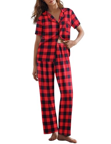 Image of Ekouaer Womens Pajamas Set Print PJs Soft Button Down Sleepwear Short Sleeve Lounge Set with Pockets