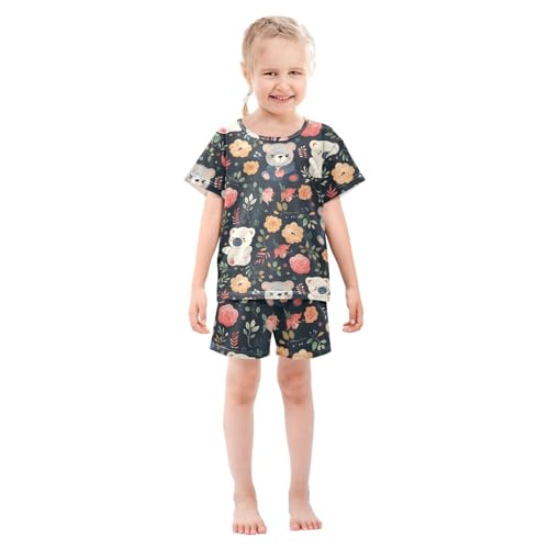 ALAZA Cute Bear Rose Flower on Black Pajamas Short Sleeve 2 Piece Sleepwear Top and Bottom Pajama Set Unisex3