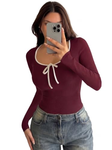 Image of Black Slim Fit Scoop Neck Top, Long Sleeves Top for Women,Front Knot Top